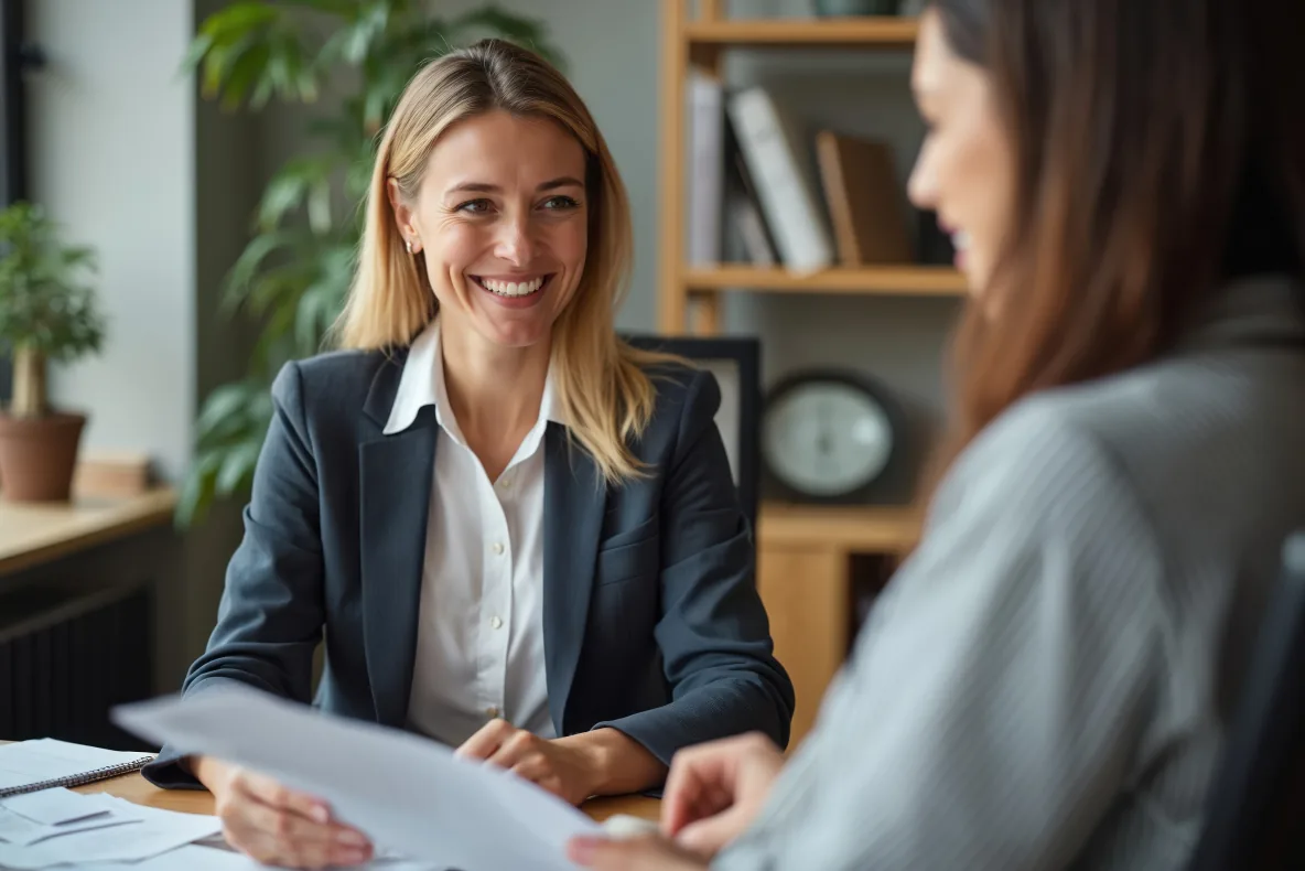 An advisor smiling across a desk as she reviews documents with her client